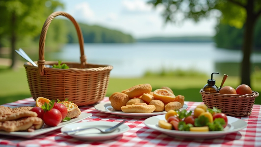 Piknikukest ja toit laual, järv taustal